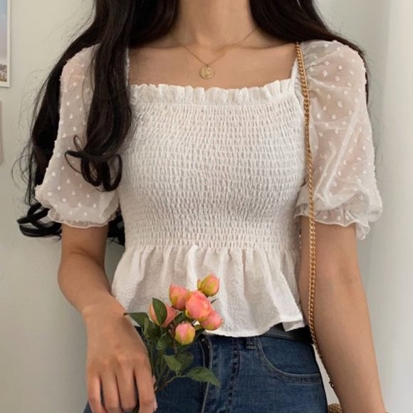 White Chiffon Dobby Mesh Short Sleeves Smocked Blouse - Picture 2 of 9